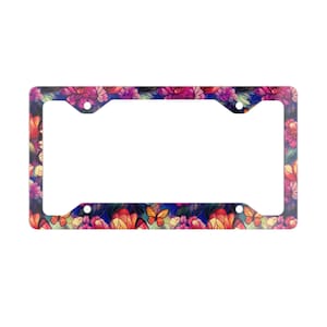 Unique Elegant Metal License Plate Frame With Glossy Finish, Floral Butterfly License Plate Cover, Faux Stained Glass Inspired Vehicle Decor