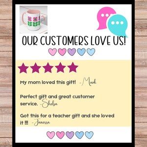 The image is a collage of various images, including a white mug with a flower design, a pink speech bubble, and a heart icon. The text in the image reads "OUR CUSTOMERS LOVE US!" and includes a review from a customer named Mark who loved the gift. The review describes the gift as a perfect gift and a great customer service, and mentions that it was a teacher gift that Janessa loved.