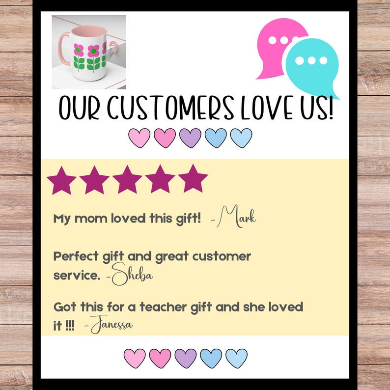 The image is a collage of various images, including a white mug with a flower design, a pink speech bubble, and a heart icon. The text in the image reads "OUR CUSTOMERS LOVE US!" and includes a review from a customer named Mark who loved the gift. The review describes the gift as a perfect gift and a great customer service, and mentions that it was a teacher gift that Janessa loved.