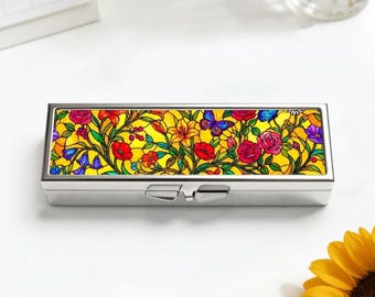 Chic And Elegant 7 Day Pill Box Organizer, Faux Stained Glass Floral Pill Vitamin Box Case, Vibrant Travel Trinket Box, Art Nouveau Jewelry