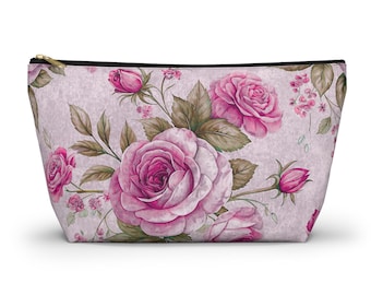 Shabby Chic Floral Design Accessory Pouch with T-bottom, Cosmetic Makeup Bag, Pencil Bag, Travel Pouch, Bridal Party Gift, Teacher Gift