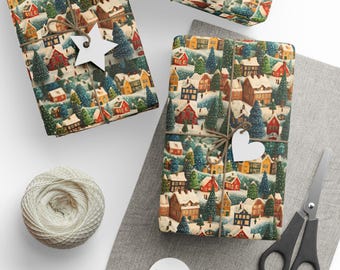 Papel de regalo con diseño navideño festivo, adorable estampado de pueblo navideño, elegante papel de regalo navideño