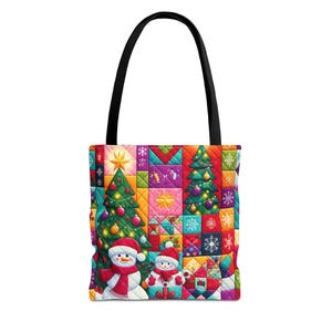 華やかなクリスマス パッチワーク キルト風デザイン、AOP トートバッグ