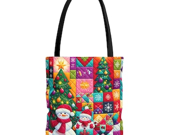 華やかなクリスマス パッチワーク キルト風デザイン、AOP トートバッグ
