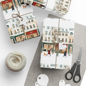 Décoration Paris en fête à Noël, Papier cadeau, Emballage cadeau des fêtes, Scène d'hiver française, Papier cadeau Noël image 1