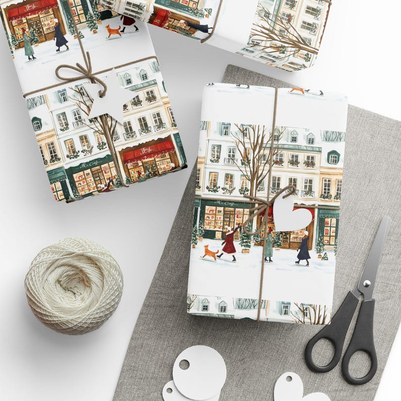 Décoration Paris en fête à Noël, Papier cadeau, Emballage cadeau des fêtes, Scène d'hiver française, Papier cadeau Noël image 1