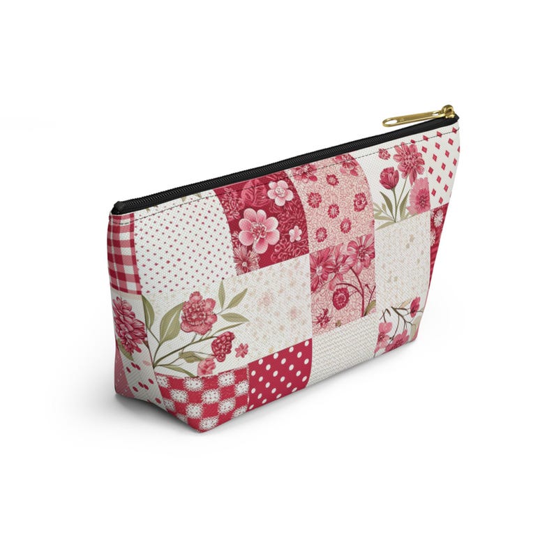 Patchwork Quilt Pattern Design Accessory Pouch with T-bottom, Makeup Bag, Pencil Bag, Travel Accessory Bag, Bridal Party Gift image 5