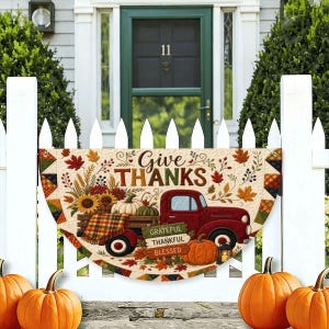 Half-Round Outdoor-Indoor Bunting Banner Flag, Faux Quilt Inspired Design Give Thanks Red Truck Pumpkin Fall Decor for Porch Fence Picnic