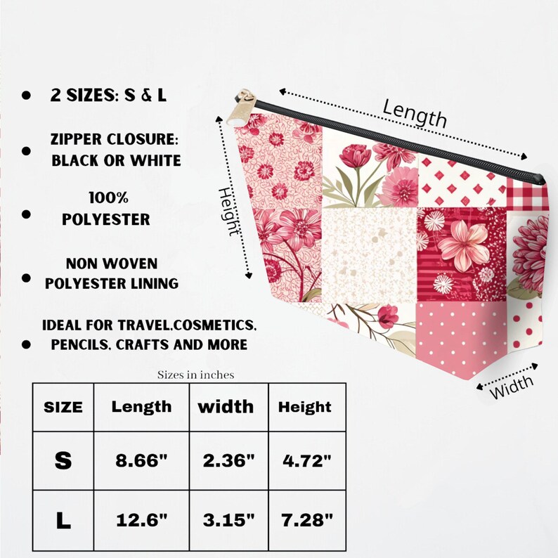 Floral Patchwork Cosmetic Bag, Travel Makeup Pouch, Zipper Closure Toiletry Bag, Small and Large Sizes, Pink and Red Flower Print