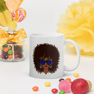 Big Defined Curly AFRO and Glasses Brown Natural Hair Design White Glossy Coffee Mug image 2