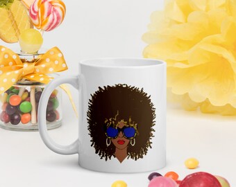 Big Defined Curly AFRO and Glasses Brown Natural Hair Design White Glossy Coffee Mug