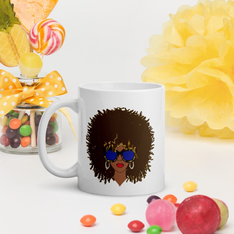 Big Defined Curly AFRO and Glasses Brown Natural Hair Design White Glossy Coffee Mug image 1