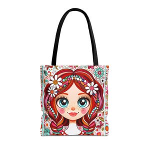 Sac fourre-tout AOP pour fille rousse mignonne avec taches de rousseur, cadeau de Noël, cadeau d'anniversaire, fourre-tout pour la rentrée scolaire, fourre-tout universitaire, design jolies filles, fourre-tout coloré