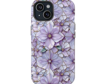 May include: A phone case with a floral pattern. The case is adorned with lavender flowers, outlined and accented in gold. The phone case has a glossy finish and a camera cutout.