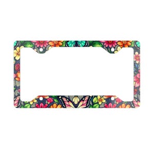 Elegant Faux Stained Glass Inspired Floral Design Metal License Plate Frame, Unique Butterfly License Plate Holder, Car Accessories