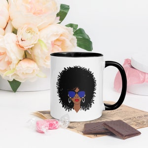 Big Defined Curly AFRO and Glasses Black Natural Hair Design Mug with Color Inside