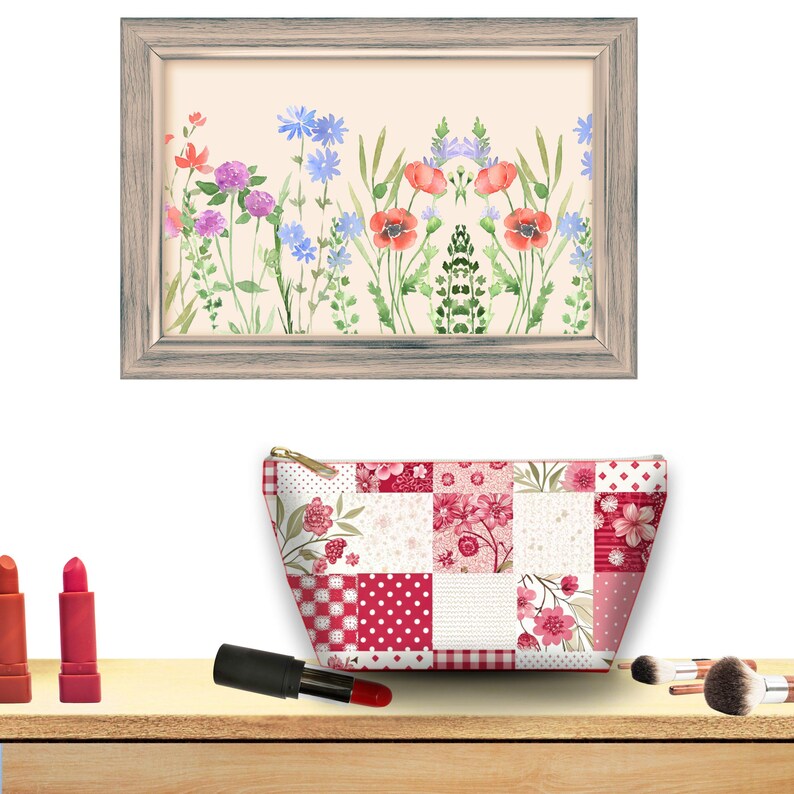Floral Wall Art, Makeup Bag, Wildflower Art Print, Cosmetic Bag, Flower Decor, Travel Pouch, Flower Artwork, Quilted Clutch