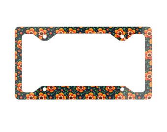 Elegant Floral Metal License Plate Frame With Glossy Finish, Unique Car Accessories, Chic Vehicle Decor, Stylish License Plate Holder