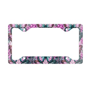 Butterfly Metal License Plate Frame, Elegant Car Decor, Glossy Finish, Faux Stained Glass Inspired Floral Design, Unique Auto Accessories
