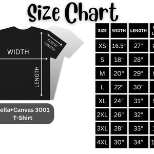 Pode incluir: Tabela de tamanhos para a camiseta Bella+Canvas 3001, mostrando as medidas em polegadas para os tamanhos XS, S, M, L, XL, 2XL, 3XL e 4XL. A tabela inclui a largura, o comprimento e o comprimento da manga.