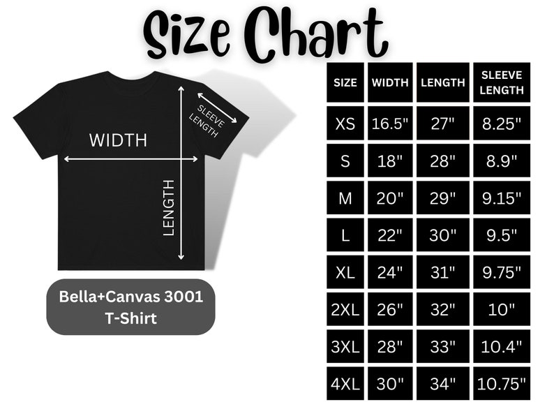 Pode incluir: Tabela de tamanhos para a camiseta Bella+Canvas 3001, mostrando as medidas em polegadas para os tamanhos XS, S, M, L, XL, 2XL, 3XL e 4XL. A tabela inclui a largura, o comprimento e o comprimento da manga.