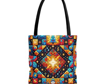 Festive Christmas Patchwork Quilt Inspired Design, AOP Tote Bag, Quilter's Bag, Sewing Tote, Quilters Gift, Great Gift for Fabric Hoarders