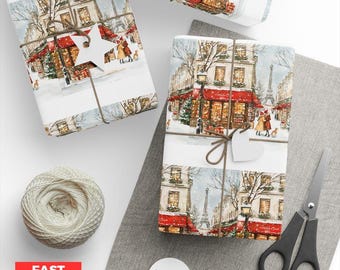 Festive Christmas in Paris Inspired Design, Xmas Wrapping Paper, Gift Wrapping Paper, Christmas Gift Wrapping, Holiday Decor