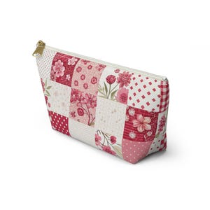 Patchwork Quilt Pattern Design Accessory Pouch with T-bottom, Makeup Bag, Pencil Bag, Travel Accessory Bag, Bridal Party Gift image 3