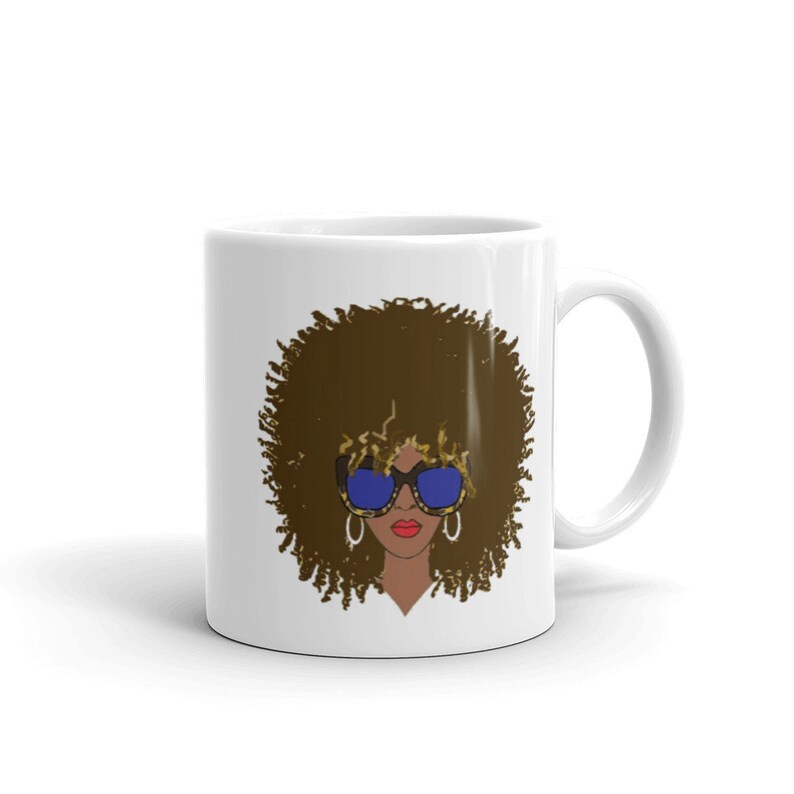 Big Defined Curly AFRO and Glasses Brown Natural Hair Design White Glossy Coffee Mug image 4