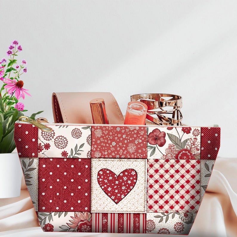 Quilted Patchwork Makeup Bag, Floral Vanity Pouch, Heart Pattern Zipper Bag, Travel Cosmetic Case, Handcrafted Toiletry Organizer