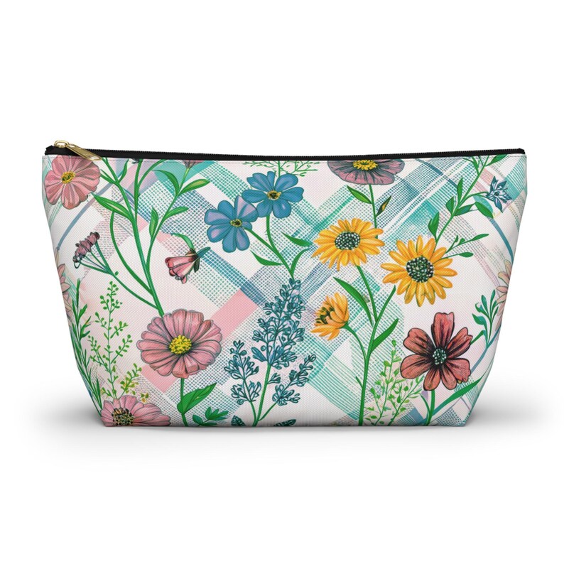 Patchwork Quilt Pattern Design, Accessory Pouch with T-bottom, Makeup Bag, Pencil Bag, Travel Accessory Bag, Bridal Party Gift image 1