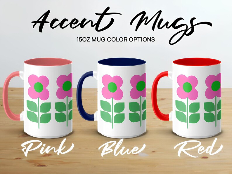three mugs with different flower designs, each in a different color: pink, blue, and red.
