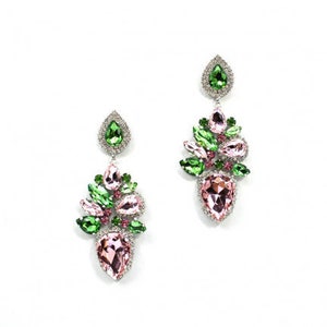 Pink and Green Earring, Pink and Green Silver Finish Stone Tear Drop Dangaling Earring Set, Valentines Day