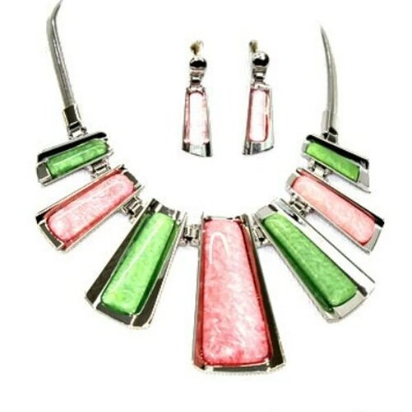 Pink and Green Necklace, Pink and Green Silver Finish Stone Necklace Set