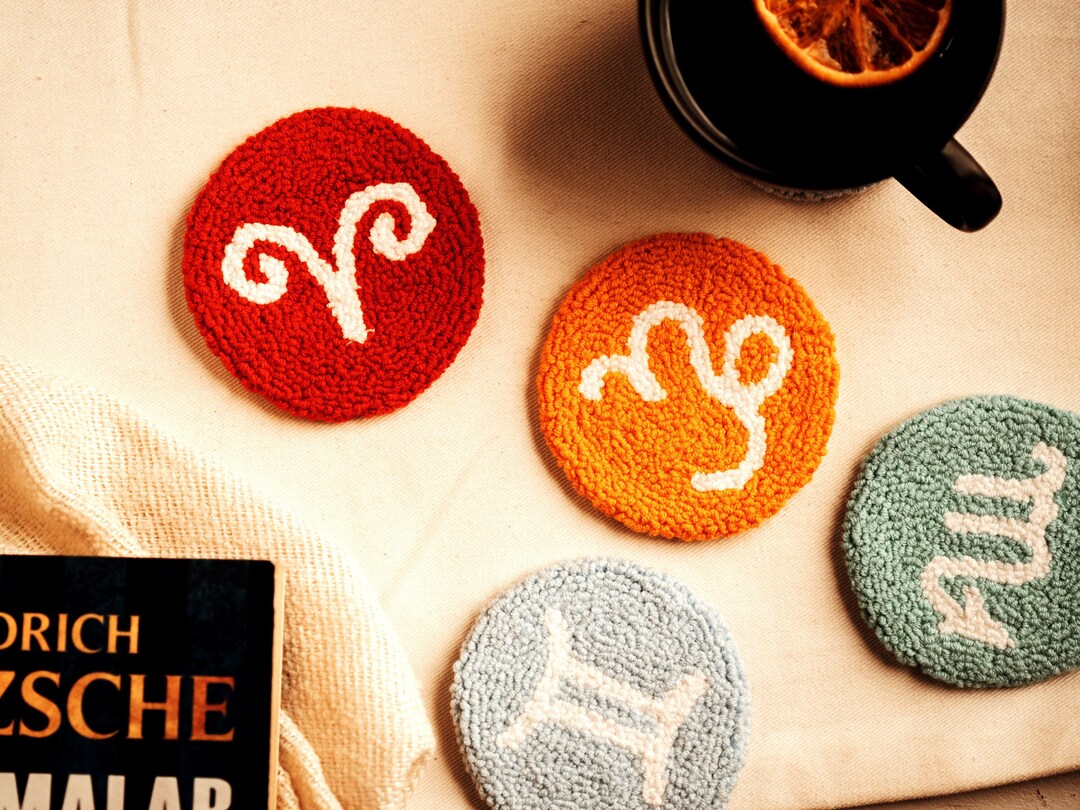 Zodiac Punch Needle Coasters, Horoscope Coaster, Astrology Reading