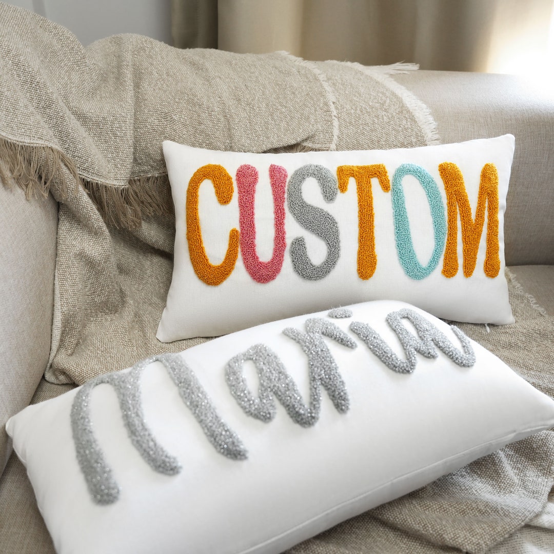 Custom Punch Needle Pillow Cover, Personalized Gift Name Embroidered