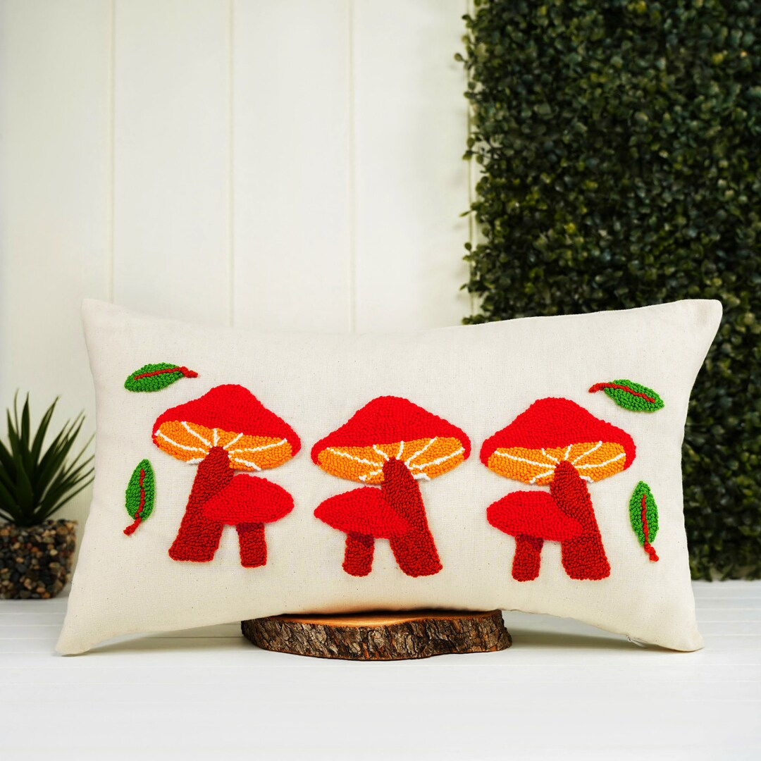 Fall Tufted Throw Pillows, Autumn Decor Cushion, Mushrooms, Fall Leaves