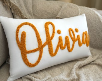 Golden Embroidered Punch Needle Pillow, Handmade Gift, Kid Room Home Decor, Custom Name Pillow Cover, Personalized Baby Gift Nursery Decor