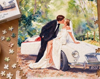 Custom Watercolor Photo Jigsaw Puzzle, Personalized Couple Portrait Puzzle, Wedding Anniversary Gift for Wife Husband, Engagement Gift
