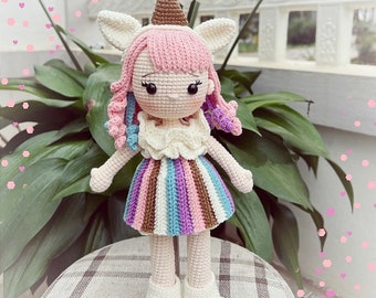 Sofia doll, Pink hair doll girl with miniature outfits, crochet doll for sale, rainbow crochet doll, unique gift for her, amigurumi doll