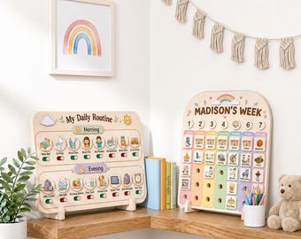 Kids Daily Routine Chart, Weekly Visual Schedule Board, Montessori Toddler Chore Chart, Personalized Wooden Planner for Kids