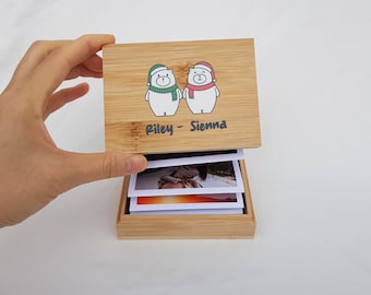 Personalized Wooden Bear Couple Pull Out Photo Album Box, Wooden Photo Film Frame, Anniversary Gift, Trinket Wooden Box, Couple Gifts