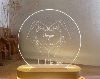 Couple Hand Sign Night Light, Cadeau de Saint-Valentin pour les couples, Cadeau d’anniversaire, Cadeau pour lui, Cadeau pour elle, Signe de main, Lampe avec nom personnalisé