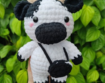 Crochet Cow Plushie with Biscuit Bag, Handmade Cotton Animal Toy