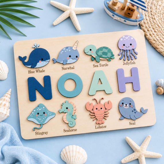Ocean animal theme lifts this name puzzle from 'generic wood toy' to 'I've never seen that specific one' — Montessori cred + beautiful illustrated creatures seal the deal.