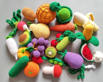 Crochet fruit set, crochet play food, crochet Fruits, new baby gift, montessori toy for kid, baby toy 6-12 month,  baby shower gift