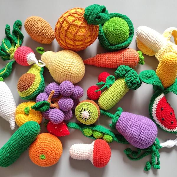 Crochet fruit and vegetable, Crochet play food for toddler, crochet fruits basket, crochet veggies, pretend play fruits, Montessori toy