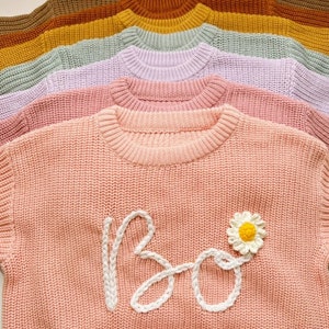 Hand Embroidered Name Baby Sweater, Custom 100% Cotton Knit Pullover
