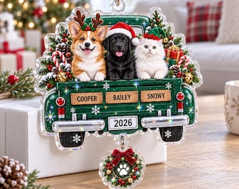 Personalized Pet Christmas Ornament, Custom Dog and Cat Names, Green Truck Pet Lover Gift
