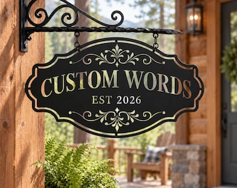 Custom Words Metal Hanging Sign, Personalized Ornate Plaque with Chain, Established Year